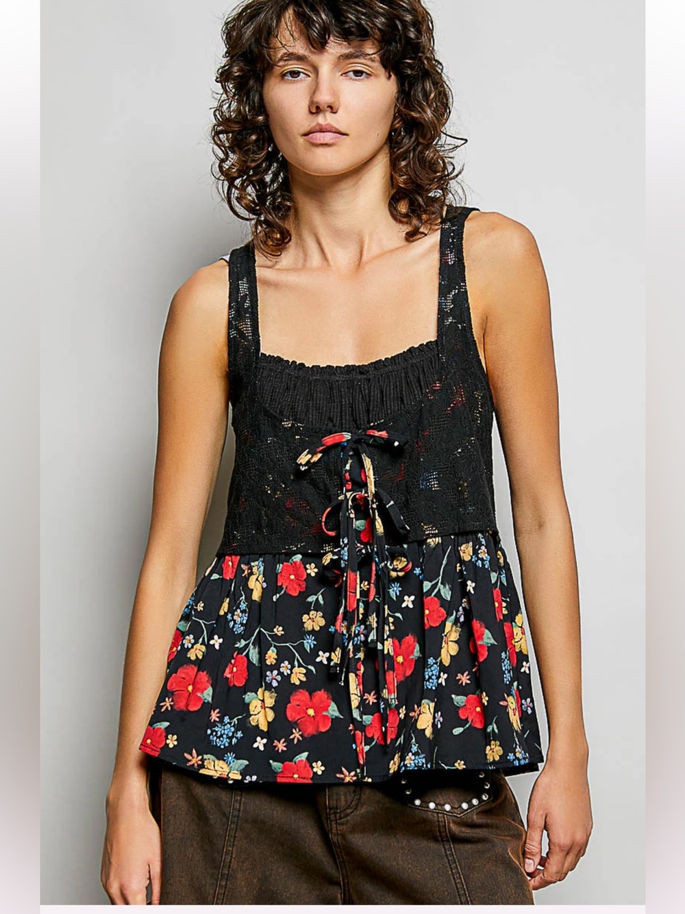 New: POL Boho Woven Lace Patch Tie Bodice Flowy Floral Sleeveless Top• Medium